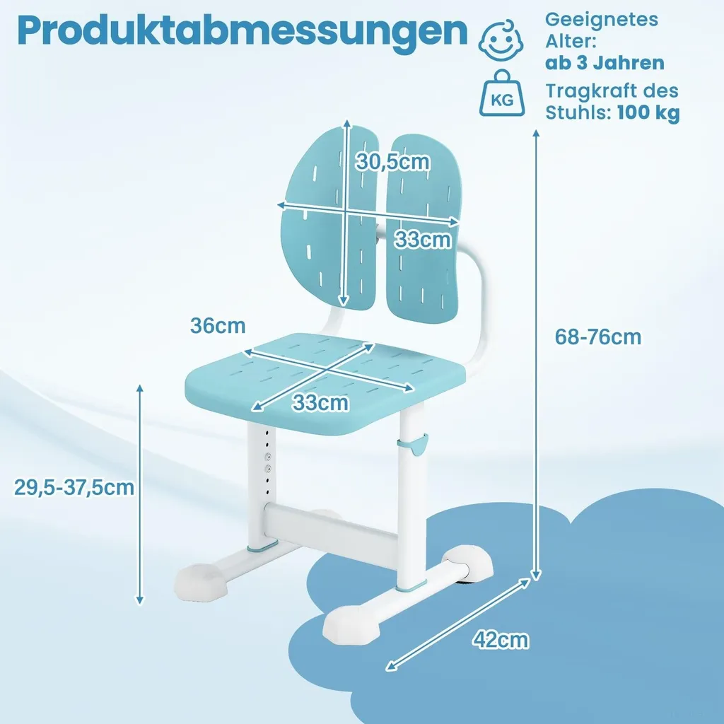 Chaise de bureau enfant pour les devoirs - Siège réglable bleu confort
