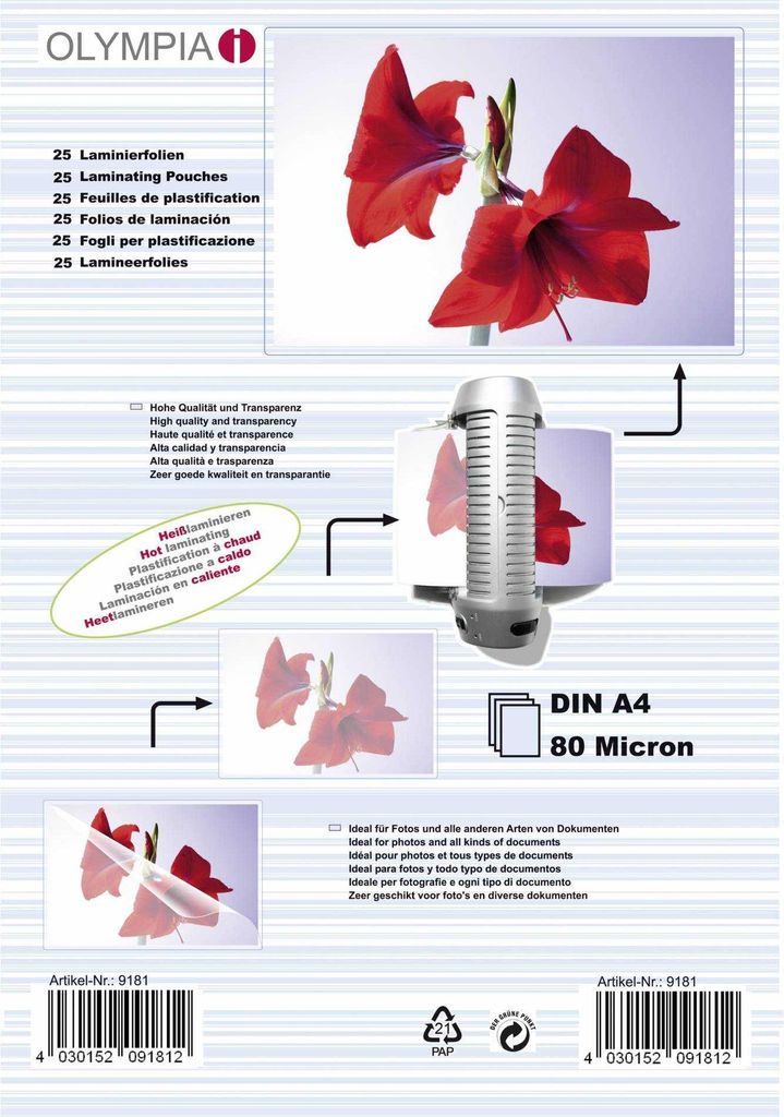 Olympia Laminierfolien DIN A4 80 micron (25 Stück) Produktbild 