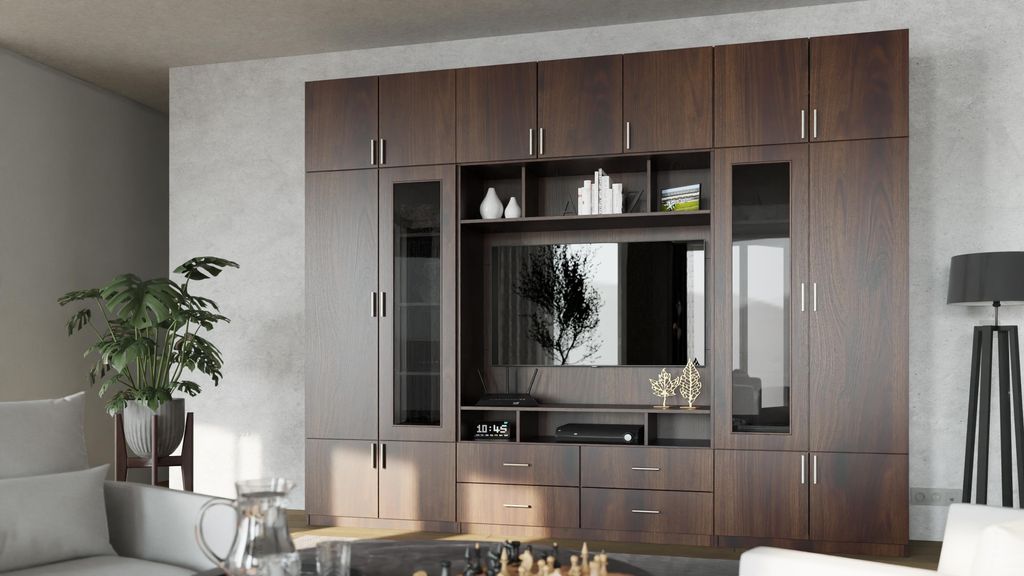 Wohnwand Vero in Nussbaum Okapi mit Premium-Beschlägen – 303 cm breit