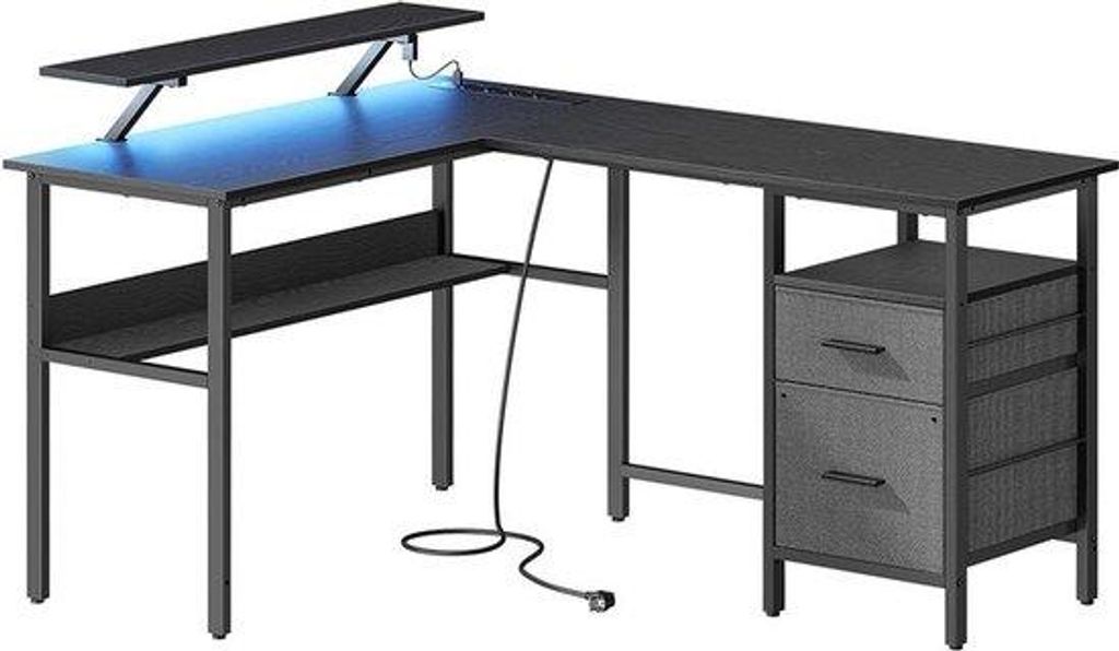 Eckschreibtisch aus Ebenholz mit LED-Beleuchtung - USB-Anschlüssen - schwarz - 150 x 120 x 76 cm