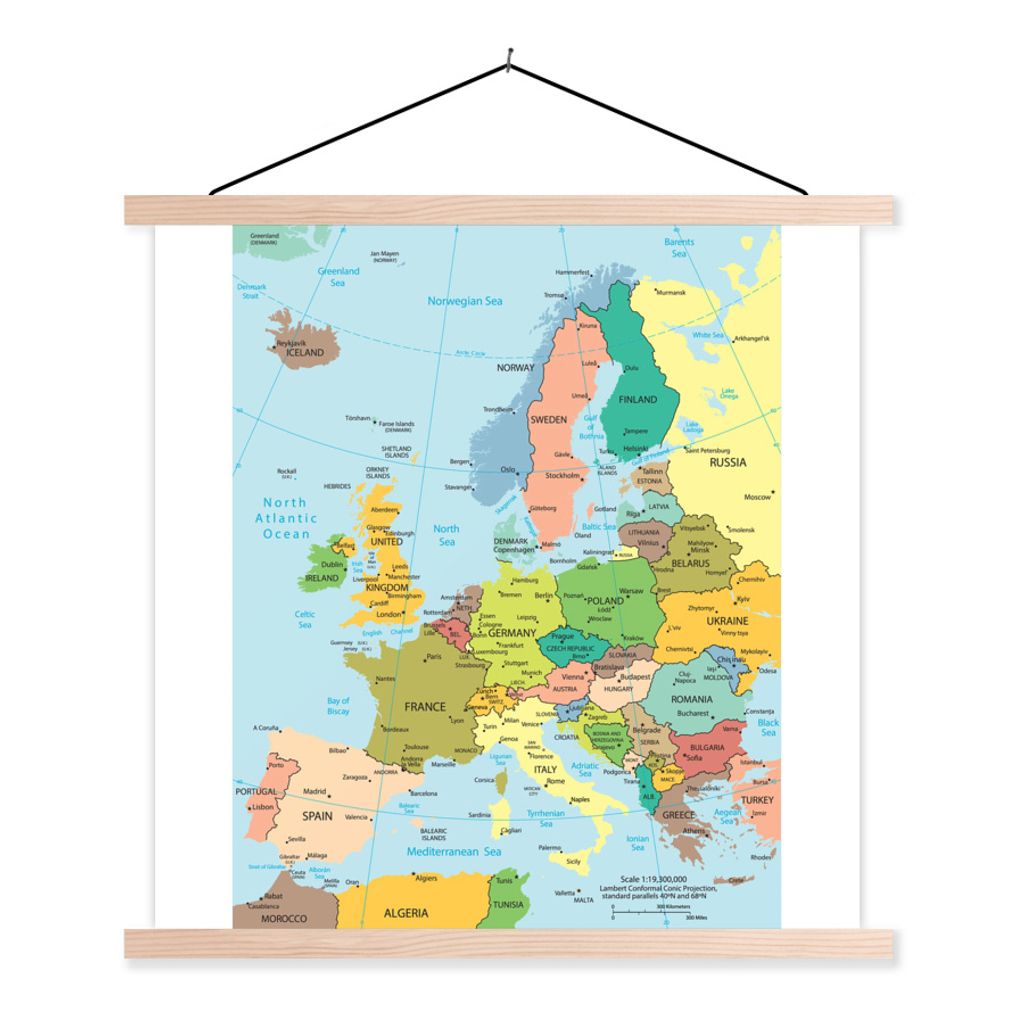 MuchoWow Textilposter Karte - Europa - Politik 120x120 cm mit holzfarbenen Rahmen - Textil-Poster