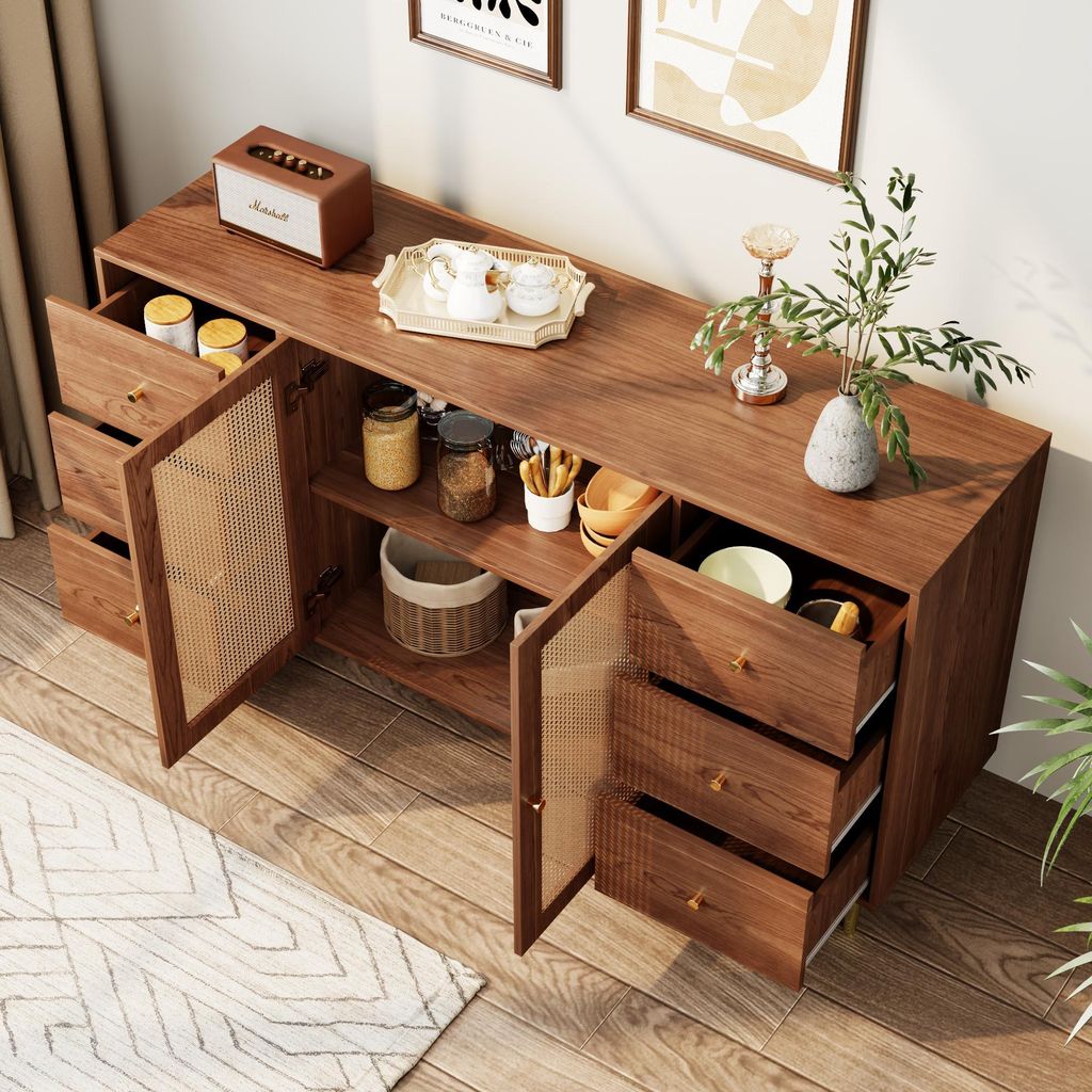 OKWISH Buffet Design Rotin et Bois - Avec 6 Tiroirs et 2 Image du produit 