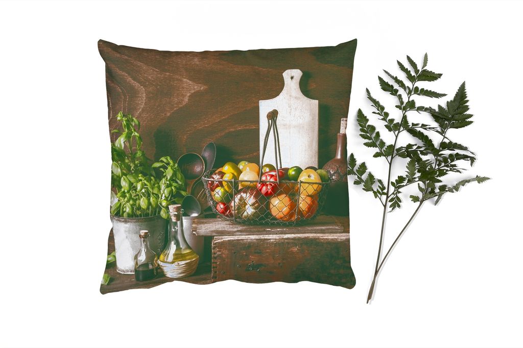 MuchoWow Zierkissen Sofakissen Wohnzimmer Dekokissen 40x40 cm Gemüse - Kräuter - Rustikal - Stilleben - Basilikum - Foto Kissen - Schlafzimmer ...