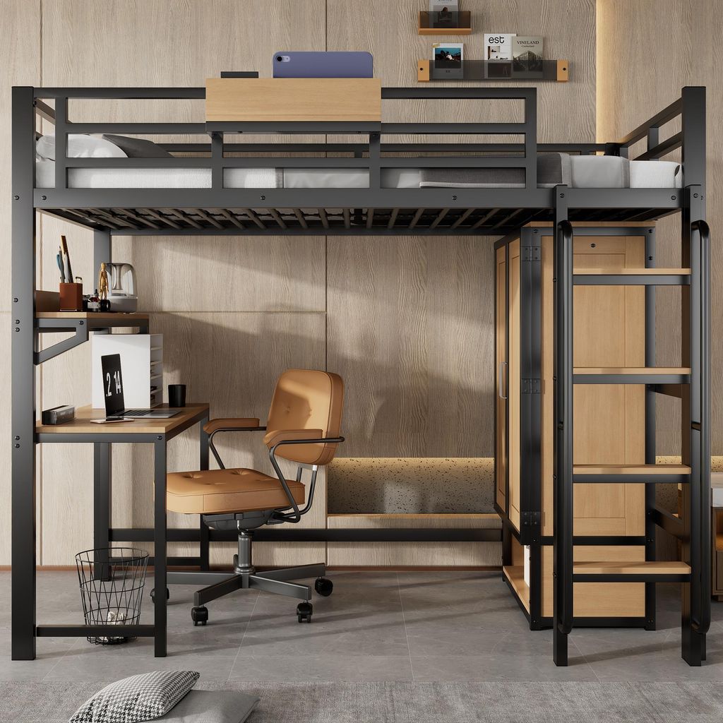 Stapelbed 90 x 200 cm, kinderbed met bureau, kledingkast, Productafbeelding 