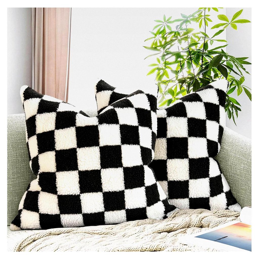 2er Set Dekorative Kissenbezüge im Schachbrettdesign für Couch und Schlafzimmer 50x50 cm Schwarz