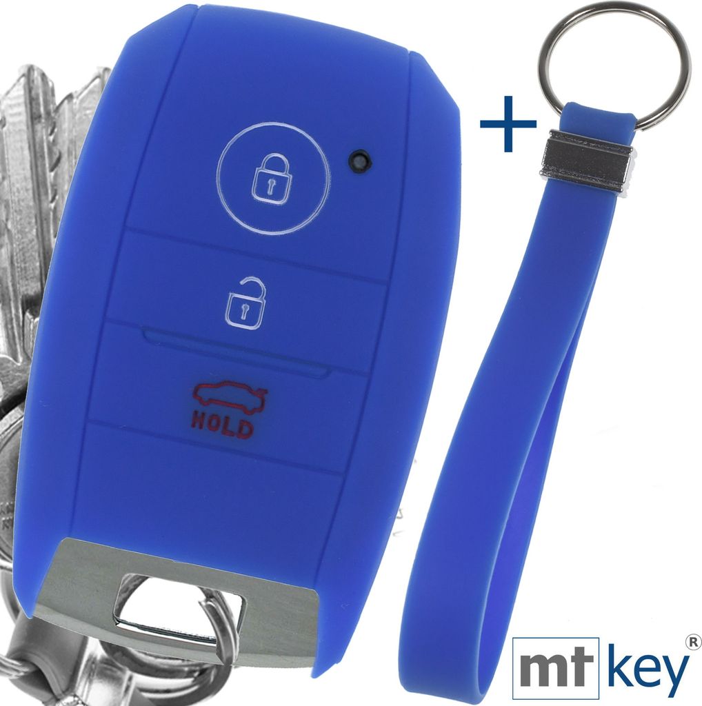 Auto Schlüssel Silikon Schutz Hülle + Schlüsselband Blau Kompatibel mit KIA Picantio Rio Ceed Soul Sportage Stonic 3 Tasten KEYLESS SMARTKEY