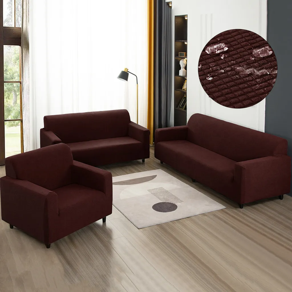 Housse de canapé imperméable et antidérapante marron en maille extensible