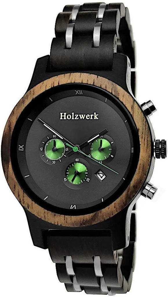 Montre en Bois Artisanal BEESKOW Mixte avec Chronographe Noir et Vert
