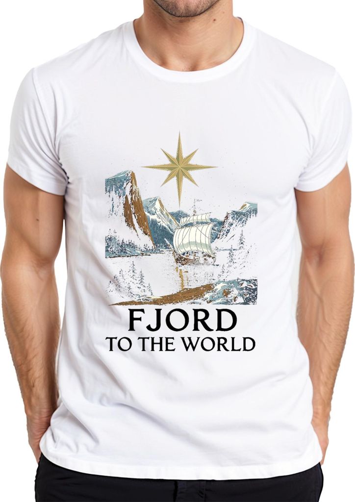 FJORD TO THE WORLD Wikingerschiff Segelschiff Nordisch Stern Herren T-Shirt, Weiß, 3XL