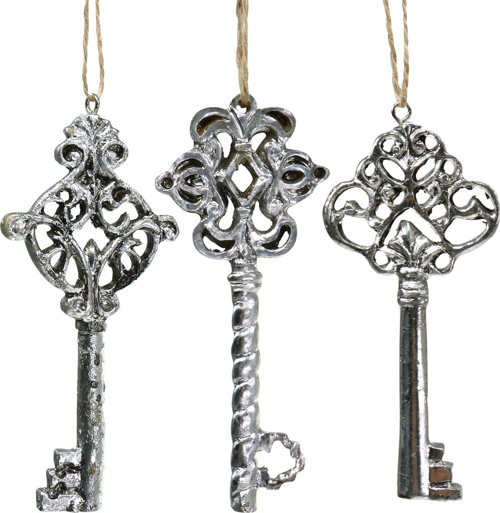 Deko Schlüssel Set Antik Silber 10cm Shabby Chic 3er Pack, 3 Stück