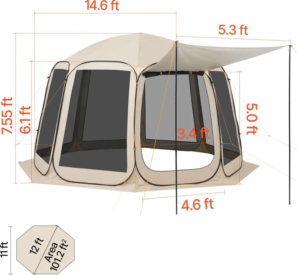Tenda da campeggio VEVOR, 365,76x335,28x230 cm, tenda pop-up con tenda estensibile, tenda per feste per 10-12 persone, inclusa borsa per il trasporto e pareti laterali in rete, per patio e attività all'aperto, beige - 8