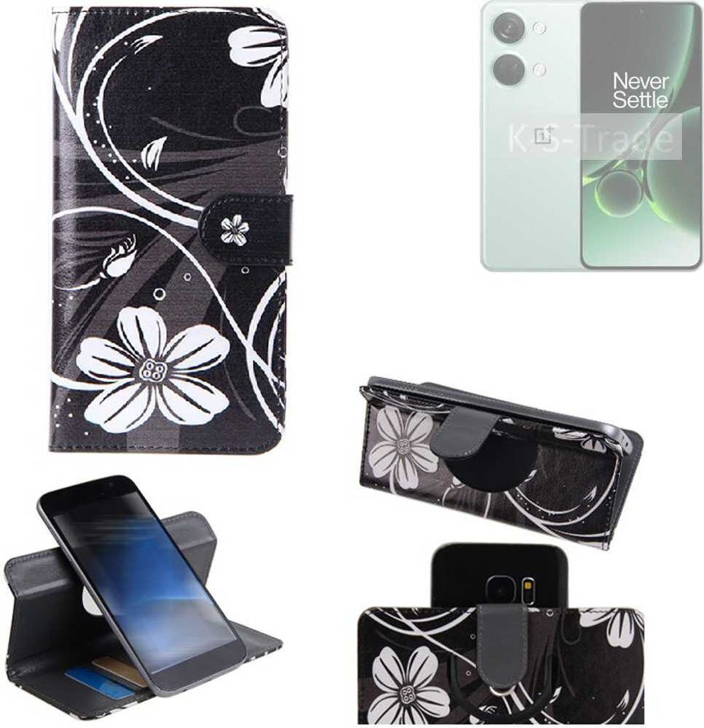 K-S-Trade Schutzhülle Handyhülle kompatibel mit OnePlus Nord 3 5G Hülle 360° Wallet Case “Flowers“ Klapphülle Hülle schwarz-weiß 1x