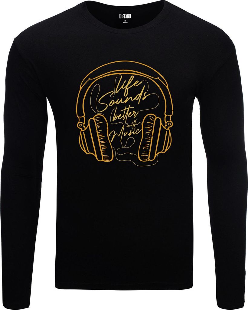 Herren Warm, Langarm-T-Shirt mit Druck Leben mit Musik Schwarz Gr.M