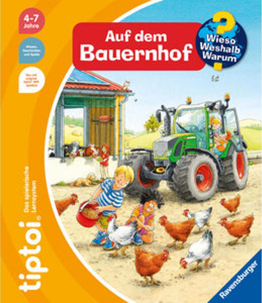 A children's book cover depicting a farm scene with a tractor and children interacting with chickens.