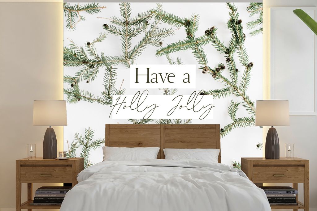 MuchoWow Fototapete für Wohnzimmer oder Schlafzimmer Wandtapete Vinyl Motivtapete Winter - Zweige - Zitat - 280x280 cm - Hintergrundbild