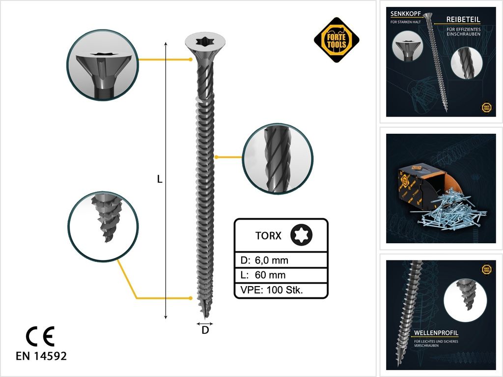 FORTE Tools Universal Holzschraube 6,0 x 60 mm T30 100 Stk. ( 000040113889 ) silber verzinkt Torx Senkkopf Vollgewinde