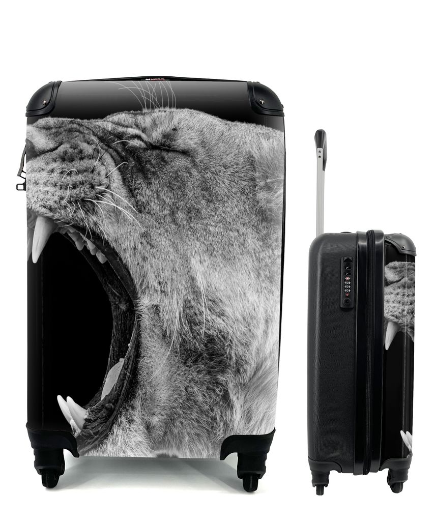 MuchoWow Koffer Handgepäck Trolley Rollkoffer Kleine Reisekoffer mit 4 Rollen - Tiere - Löwe - Schwarz - Weiß - Porträt - Cabin Size < 55x40x...