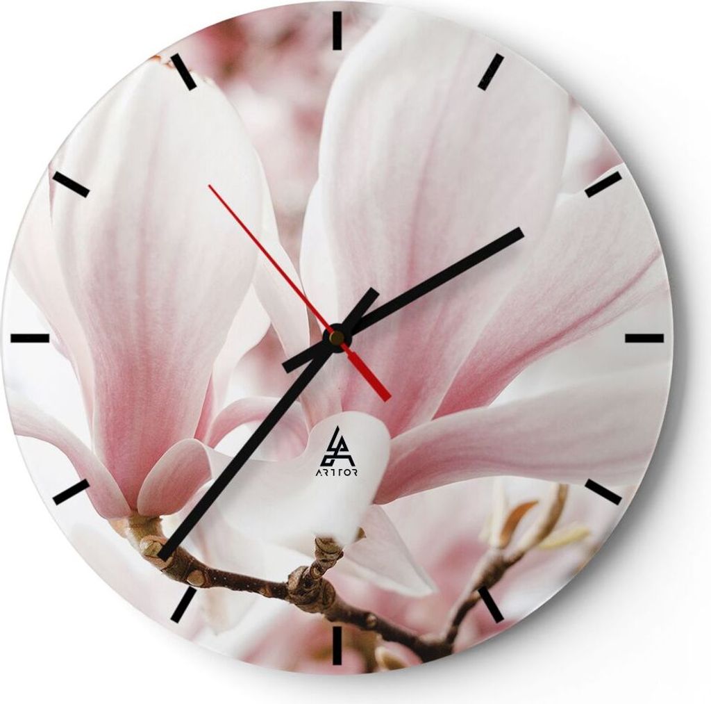 Wanduhr - Rund - Glasuhr - Zweig Magnolie Blume - 30x30cm - Schleichendes Uhrwerk - Lautlos - zum Aufhängen bereit - Dekoration Modern - Wanddekor...