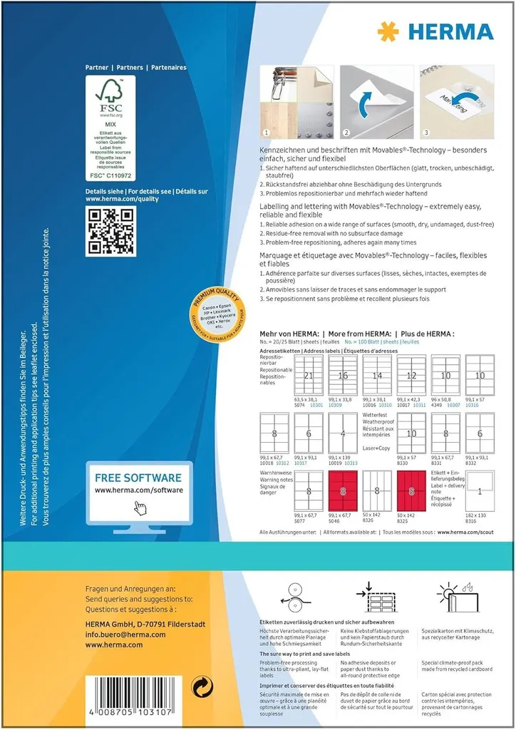 HERMA 99,1x42,3 mm Etichette Universali A4 - Alta Velocità Stampa - 16