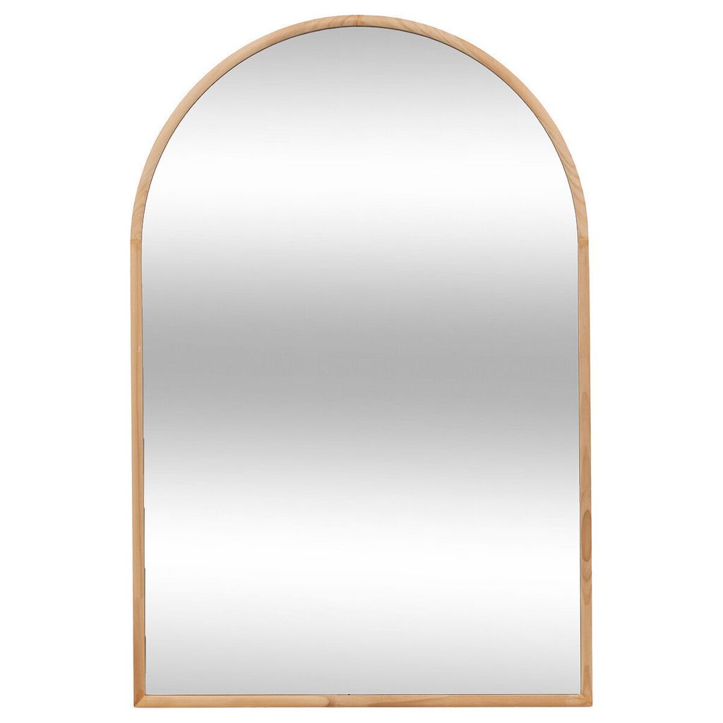 A mirror with a wooden frame.
