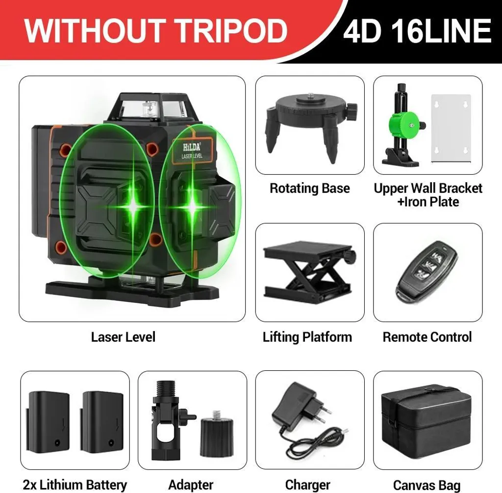 Laser Lignes 4D Vert 16 Lignes - 2 Batteries, Auto-Nivellement Haute Précision