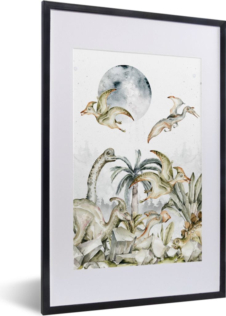 MuchoWow Gerahmtes Poster Dinosaurier - Kinder - Dschungel - Grün - Tiere - Natur 40x60 cm - Poster mit Schwarzem Bilderrahmen Wandposter Rahmen...