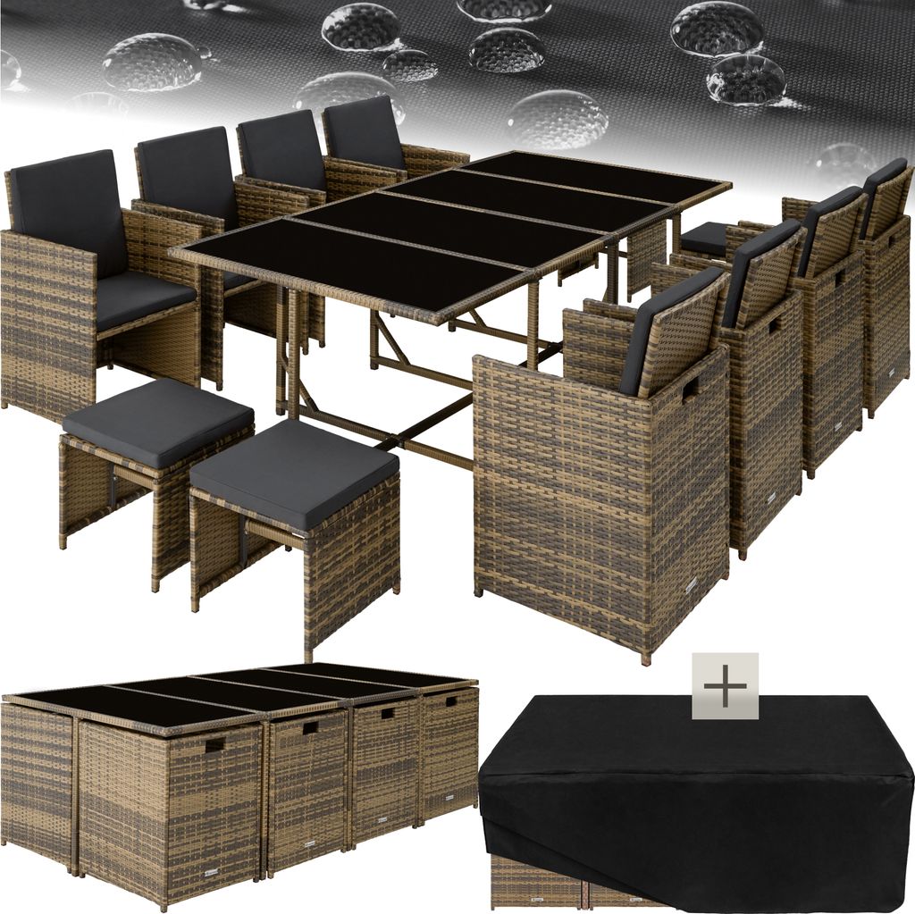 A rattan outdoor furniture set including a table, chairs, and ottomans, with a protective cover shown separately.