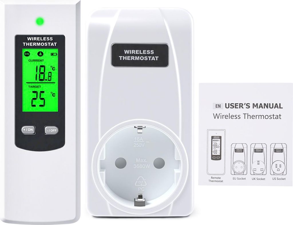 16A 230V Funk Thermostat Steckdose mit Digitalem Temperaturregler – EU Stecker, für Heiz- und Kühlgeräte