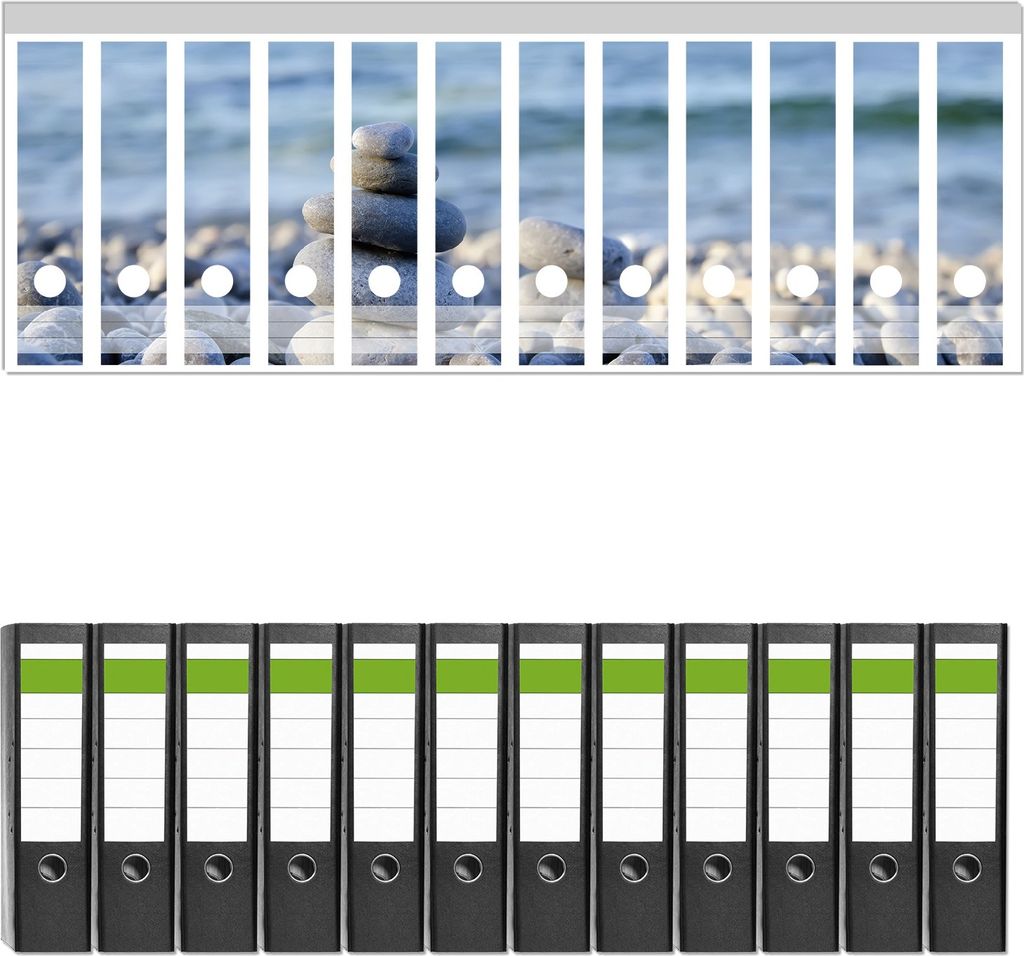Wallario 12 Stück breite Ordner inkl. Klebeetiketten mit Motive Steinstapel am Strand - Set mit Rückenschildern / Ordnerrücken Stickern