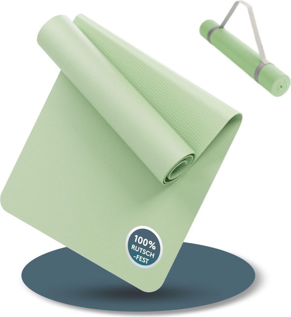 LILENO SPORTS Yoga Matte Pastel Grün (180x60cm) inkl. Tragegurt - Sport und Yogamatte extra rutschfest in 4 mm Dicke - Gymnastikmatte und Fitnessm...
