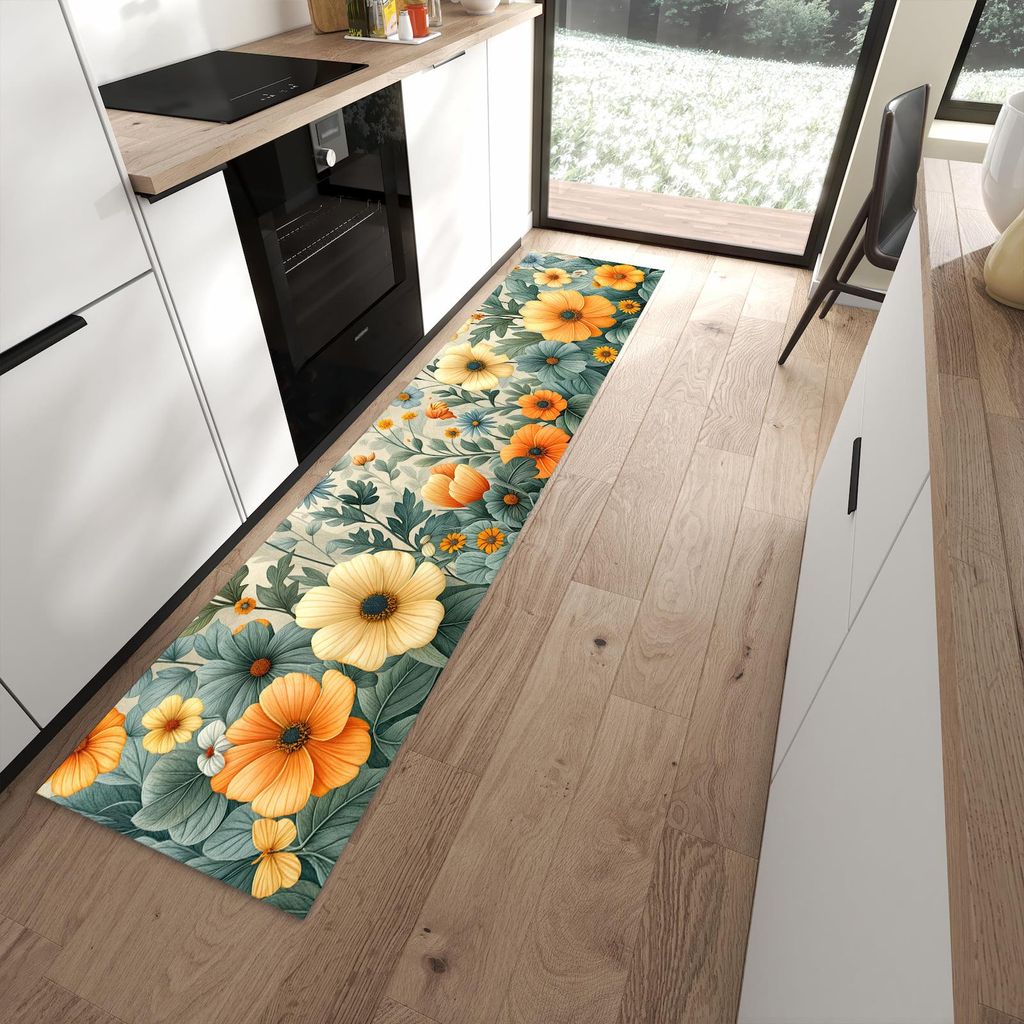 Küchenteppich 60x270cm rutschfest & abwischbar PVC Läufer - Blumenwiese