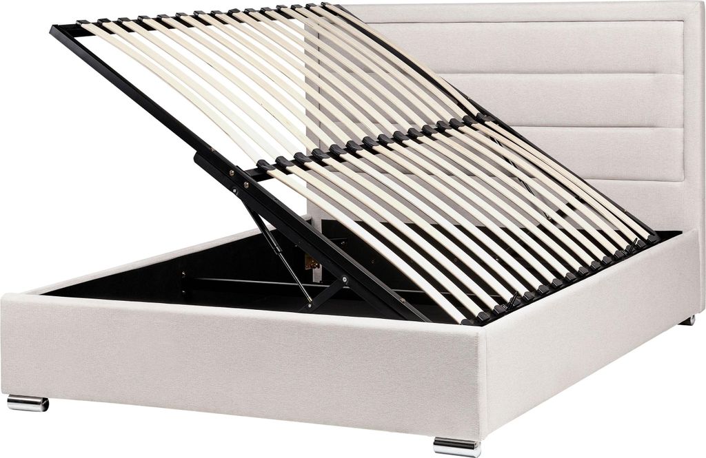 BELIANI Polsterbett Hellbeige Stoff Gesteppt mit Bettkasten Lattenrost 140x200 cm Hochklappbar Gepolstertes Kopfteil Stauraumbett für Schlafzimmer
