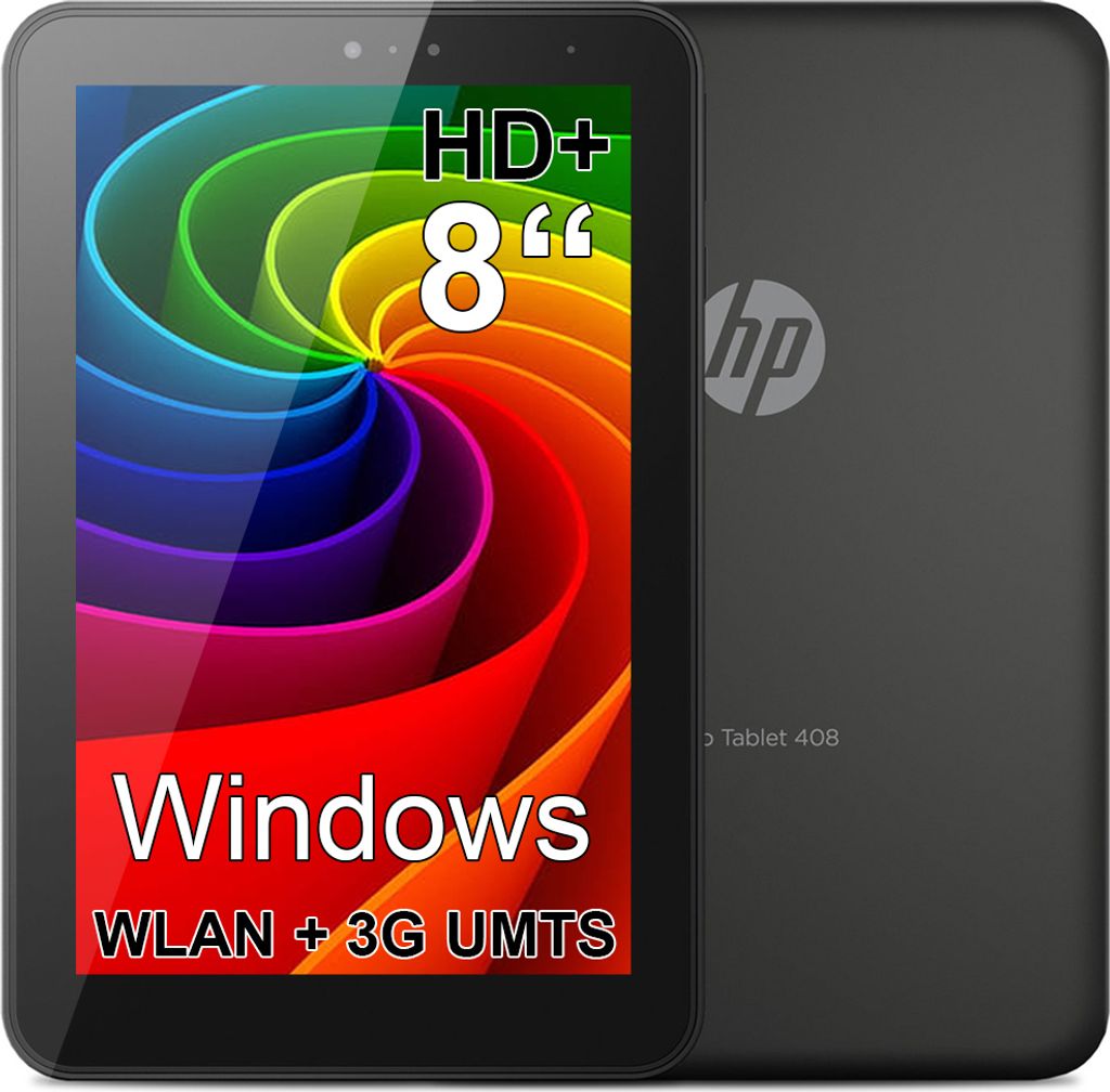 A black HP tablet is shown with a colorful abstract wallpaper on its screen, and the back of the tablet is also visible.