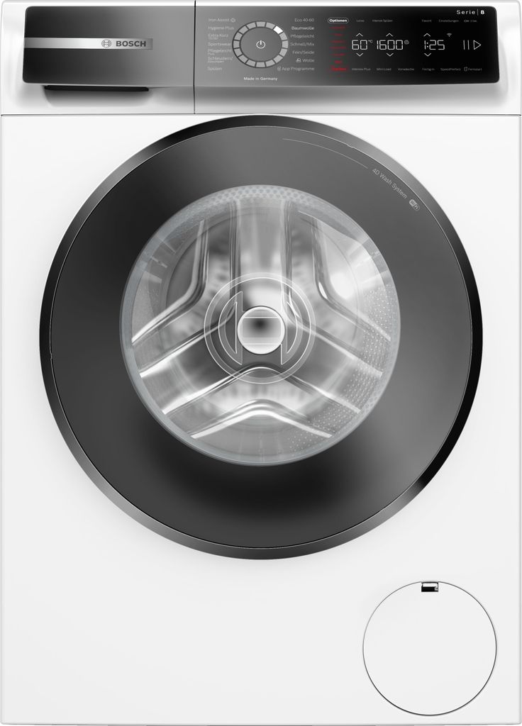 A front-facing view of a white Bosch washing machine with a black door and control panel.