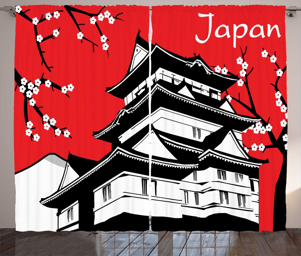ABAKUHAUS Japan Rustikaler Gardine, Kirschblüten-Baum und Haus, Wohnzimmer Universalband Gardinen mit Schlaufen und Haken, 280 x 225 cm, Vermilion...