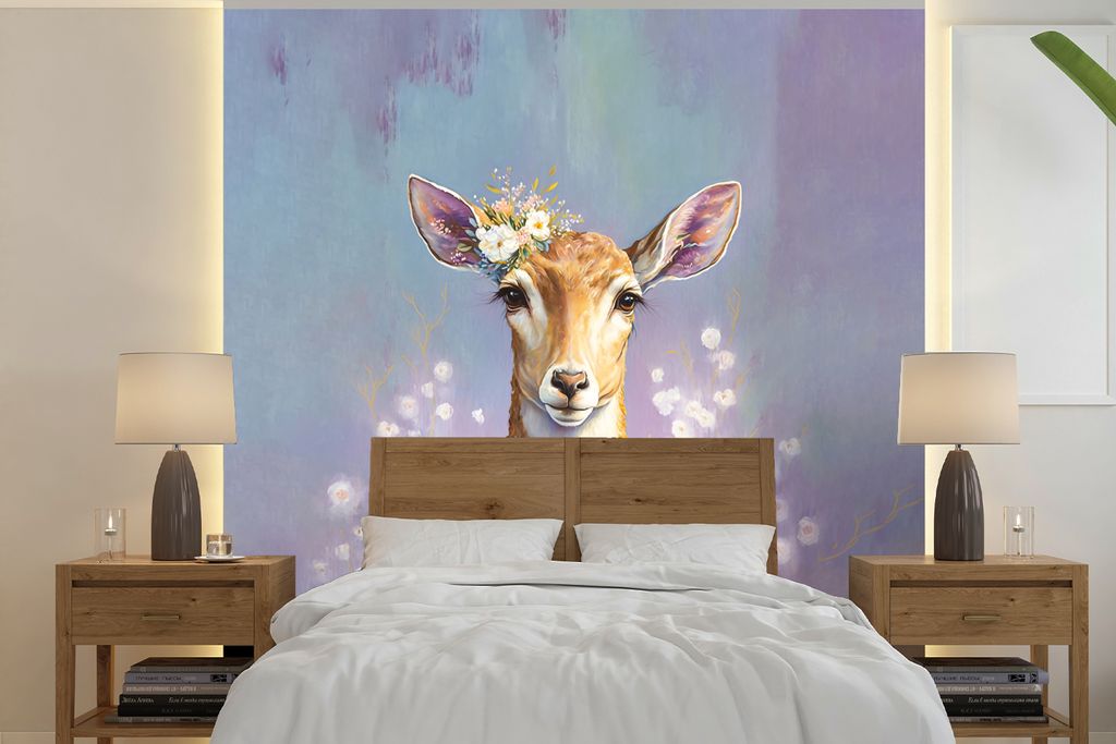 MuchoWow Fototapete für Wohnzimmer oder Schlafzimmer Wandtapete Vinyl Motivtapete Hirsche - Blumen - Gemälde - Porträt - Tiere - 240x240 cm - ...
