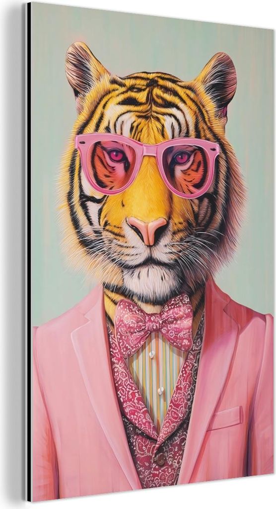 MuchoWow Wanddekoration Metall Metallbild Wandkunst 80x120 cm Tiger - Fliege - Jacke - Rosa MuchoWow Aluminium Gemälde - Bilder
