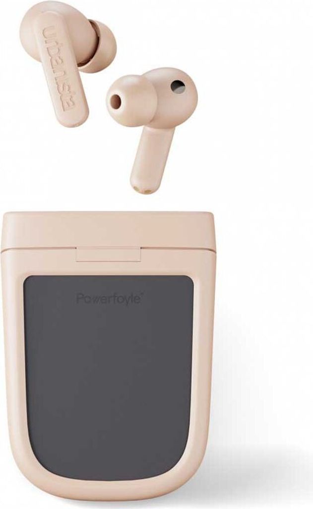 A pair of pink wireless earbuds and their charging case are shown against a white background.