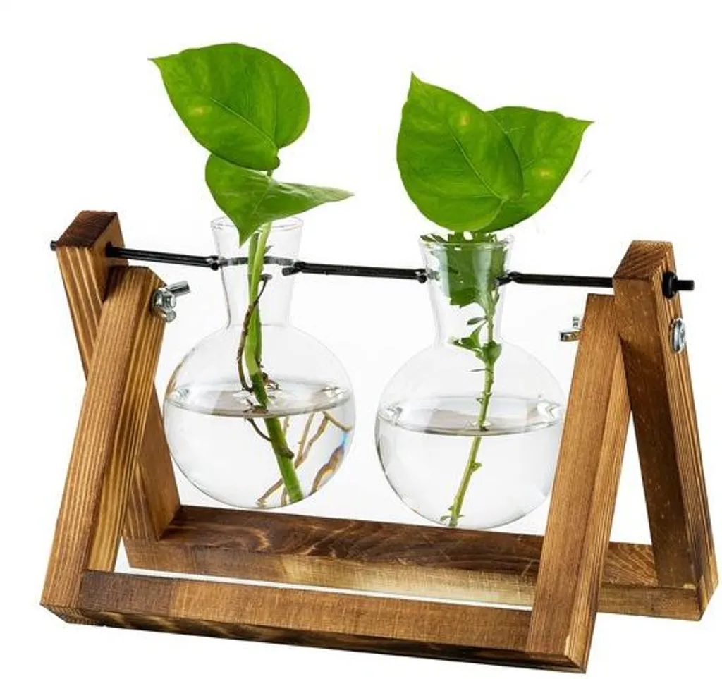 Pot de fleurs en verre soufflé et socle bois naturel, style scandinave