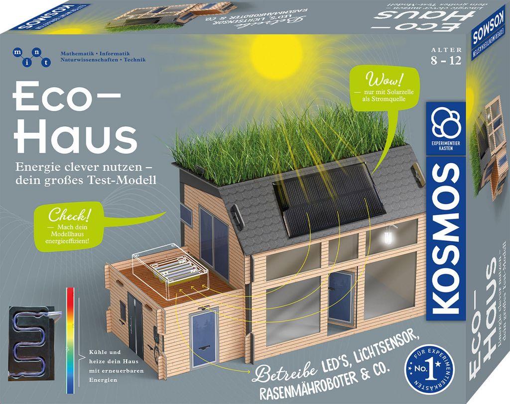 The image shows the packaging of a KOSMOS Eco Haus experiment kit, featuring a model house with a green roof and solar panels.