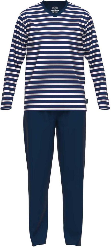 CECEBA Herren Schlafanzug - Pyjama, Baumwollmischung, V-Ausschnitt, Logo, Streifen, lang, einfarbig Blau/Weiß M