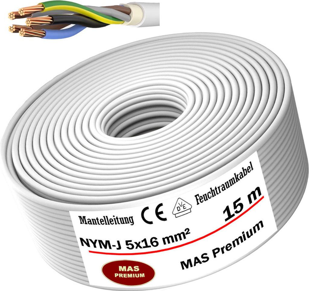 15m Feuchtraumkabel Stromkabel Mantelleitung NYM-J 5x16 mm² Elektrokabel