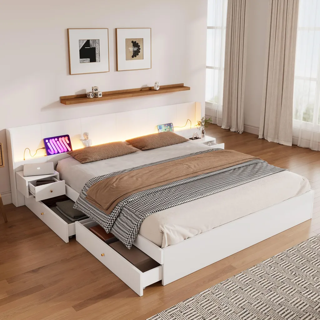 Lit double 180x200 OKWISH blanc en bois avec chevet USB et LED intégré