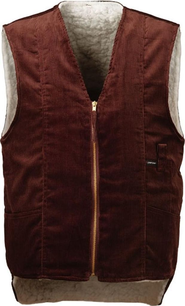 A brown corduroy vest with a gray fuzzy lining is shown front-on against a white background.