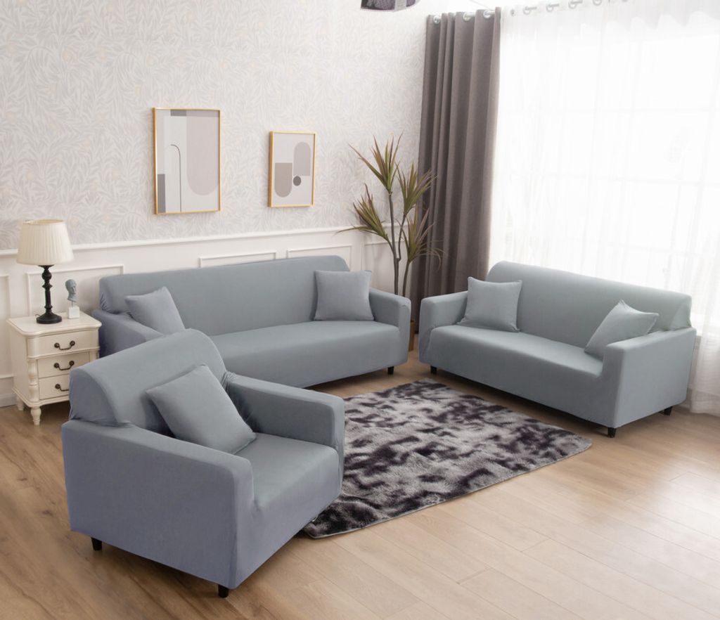 6 STÜCKE Stretch Sofabezüge Pure Color Möbel Schutzhülle 1 Dreibettzimmer 1 Doppel 1 Einzelsitz und 3 Kissenbezüge Kombination, Hellgrau