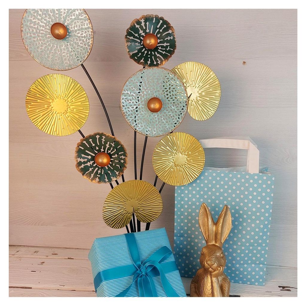 Dekoratives Objekt zum Aufstellen 53 cm Blätter Blume Baum Gold Türkis Schwarz Geschenk Geburtstag Metall