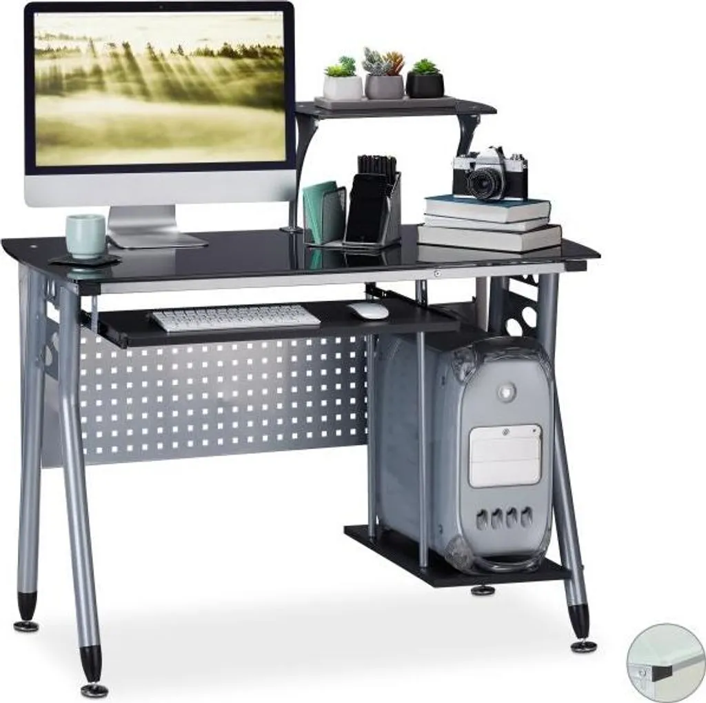 Bureau d'ordinateur compact avec plateau en verre pour petit espace