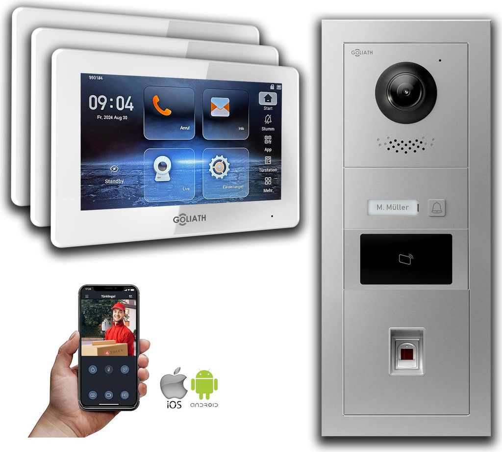 Goliath IP Video Türsprechanlage mit Kamera 7-Zoll Fingerprint RFID Silber : Aufputzdose : 7 Zoll in Weiß : 3 Monitore Anzahl: 3 Monitore Farbe: ...