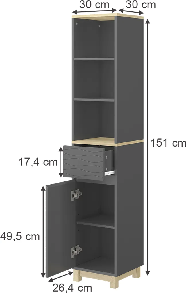 Vicco Mobili per il bagno Livia, 30 x 151.5 cm con cassetto, Antracite/Legno