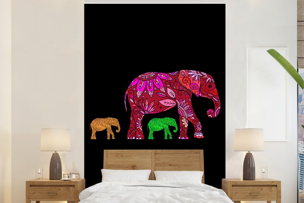 MuchoWow Fototapete für Wohnzimmer oder Schlafzimmer Wandtapete Vinyl Motivtapete Elefant - Tiere - Muster - Blumen - 170x260 cm - Wohnzimmertapete